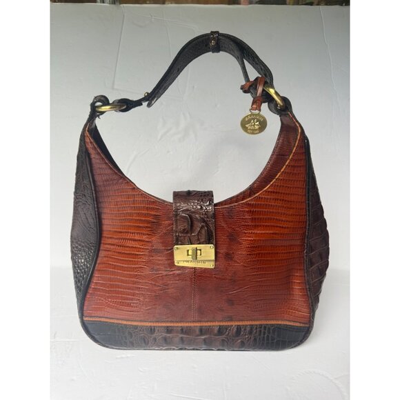 Brahmin Maggie Hobo Brown Croc Embossed Leather Hobo Shoulder Bag With Brass Har